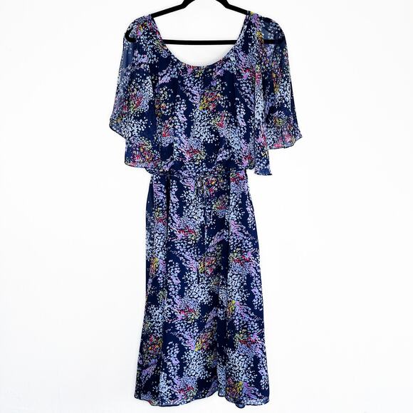 ModCloth Fiore Your Entertainment Flora Navy Blue Floral Cold Shoulder Dress Lg - Picture 16 of 16